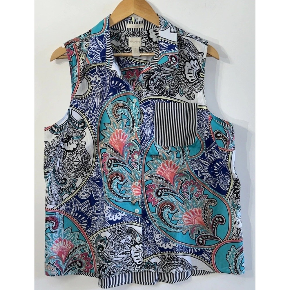 CHICO'S Sleeveless Blouse BUTTON FRONT FLORAL/PAISLEY/STRIPE PRINT Sz 3 XL EC